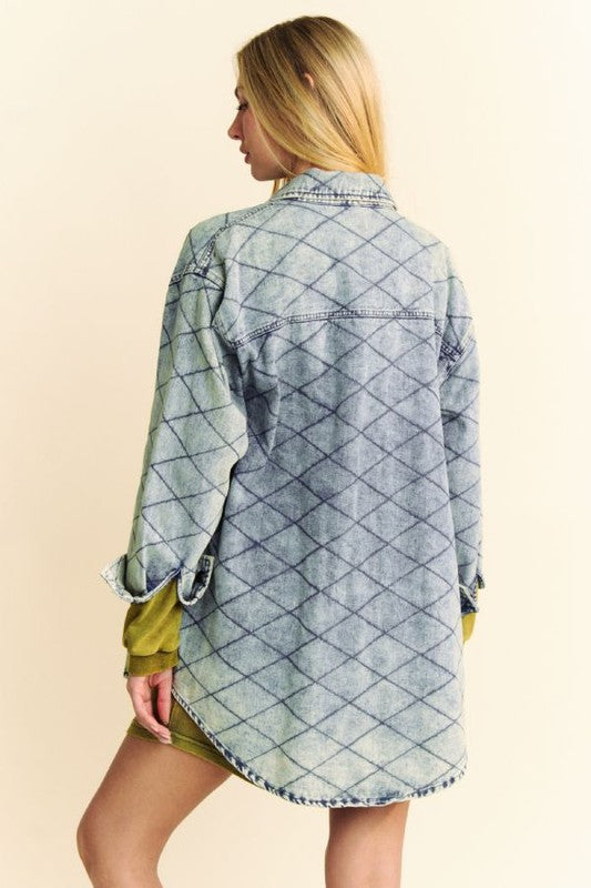 Davi & Dani Curved Hem Diamond Quilted Button Up Denim Shacket-TOPS / DRESSES-[Adult]-[Female]-2022 Online Blue Zone Planet