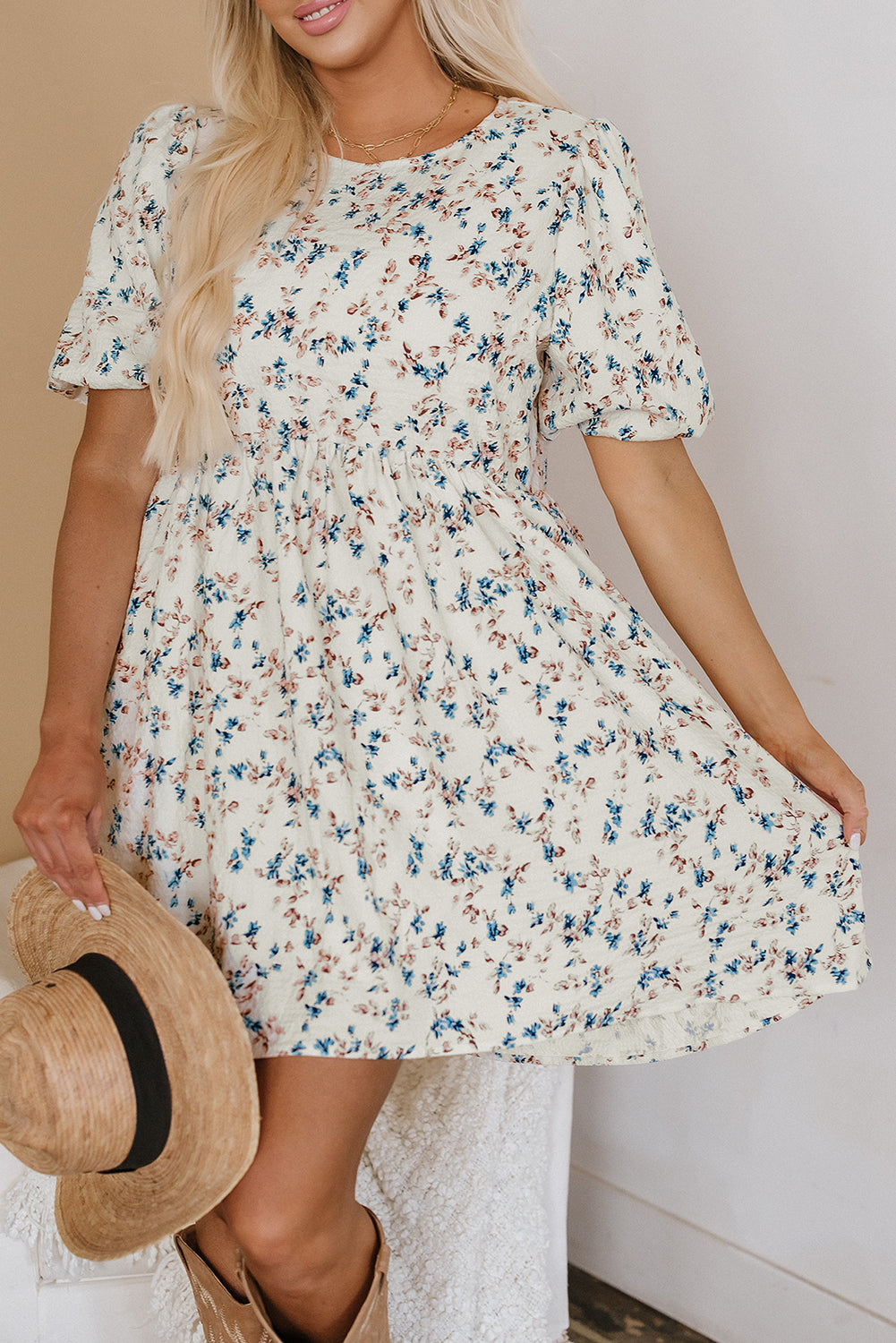 Beige Floral Puff Short Sleeve Empire Waist Mini Dress-TOPS / DRESSES-[Adult]-[Female]-2022 Online Blue Zone Planet