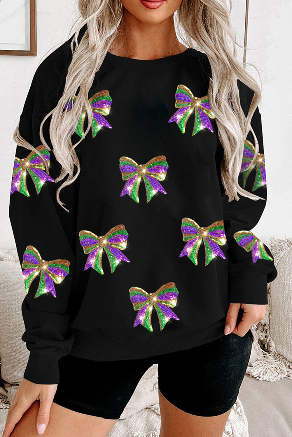 Black Sequin Mardi Gras Bow Graphic Drop Shoulder Pullover Sweatshirt-Graphic/Graphic Sweatshirts-[Adult]-[Female]-Black-S-2022 Online Blue Zone Planet