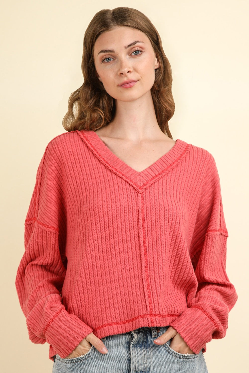 Blue Zone Planet | VERY J Exposed Seam V-Neck Ribbed Knit Top-TOPS / DRESSES-[Adult]-[Female]-Coral-S-2022 Online Blue Zone Planet