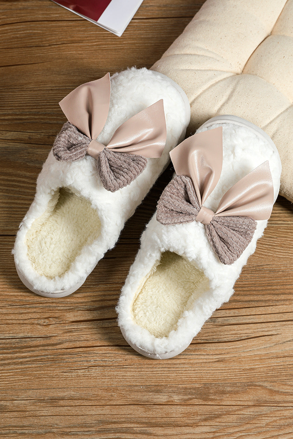 Blue Zone Planet | Pink Contrast Bowknot Applique Plush Winter Slippers-SHOES-[Adult]-[Female]-2022 Online Blue Zone Planet