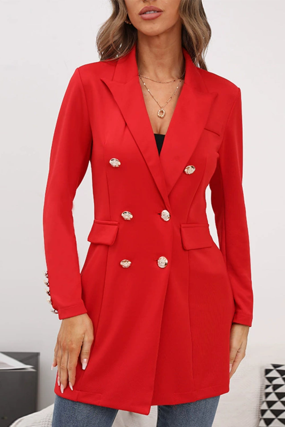 Buttoned Lapel Collar Long Sleeve Blazer-TOPS / DRESSES-[Adult]-[Female]-Red-S-2022 Online Blue Zone Planet