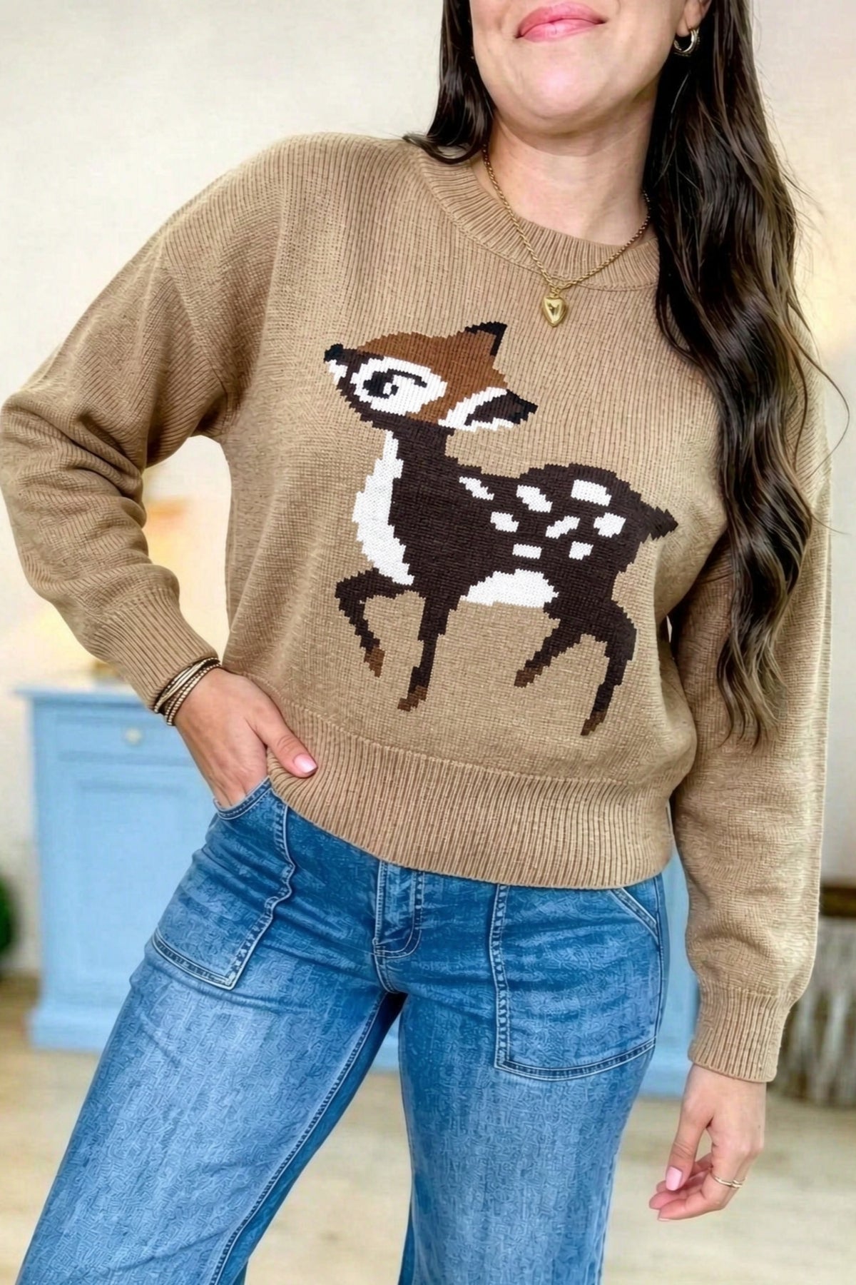 Light French Beige Cute Deer Pattern Round Neck Casual Pullover Sweater-TOPS / DRESSES-[Adult]-[Female]-Light French Beige-S-2022 Online Blue Zone Planet