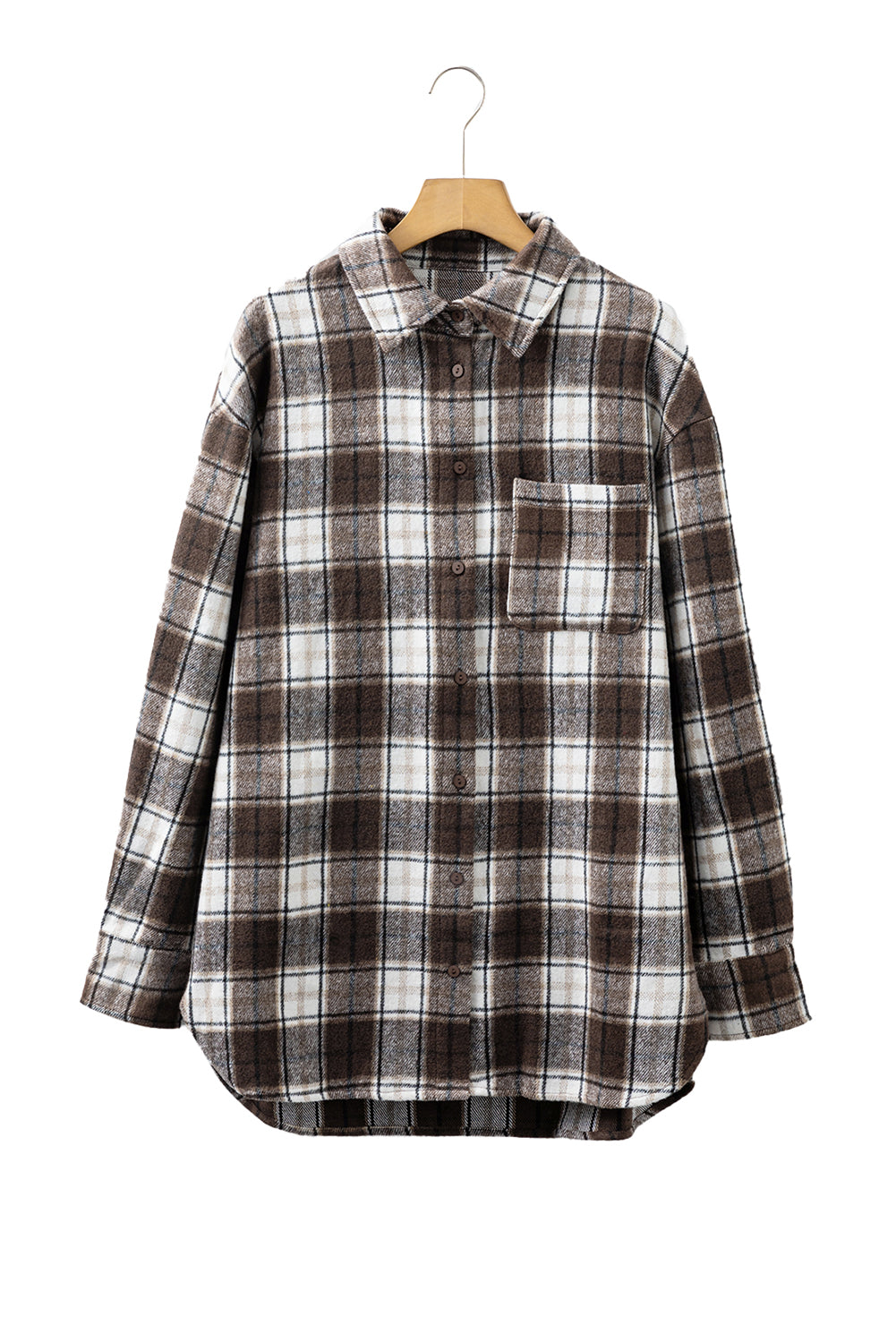 Dark Brown Flanel Plaid Single Chest Pocket Boyfriend Shacket-TOPS / DRESSES-[Adult]-[Female]-2022 Online Blue Zone Planet