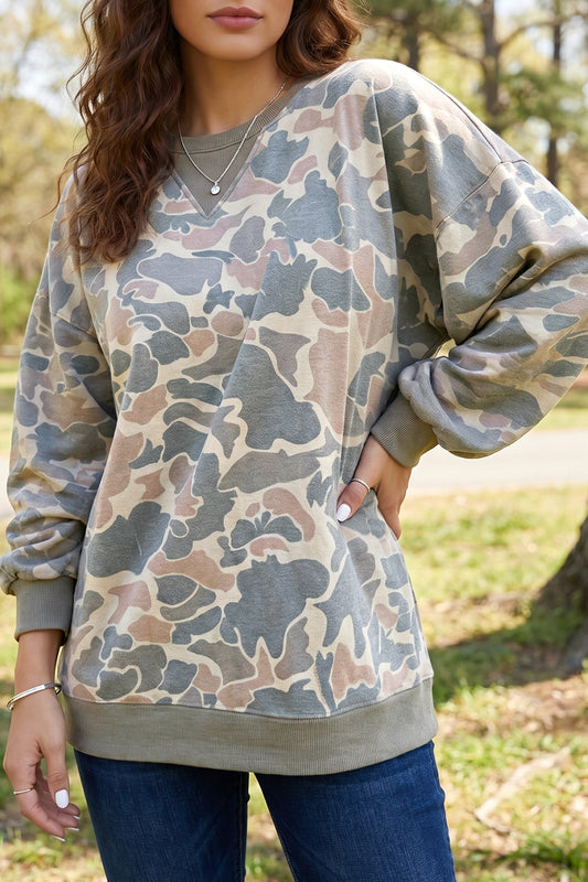 Multicolour Camo Print Ribbed Trim Casual Pullover Sweatshirt-Tops/Sweatshirts & Hoodies-[Adult]-[Female]-Multicolour-S-2022 Online Blue Zone Planet