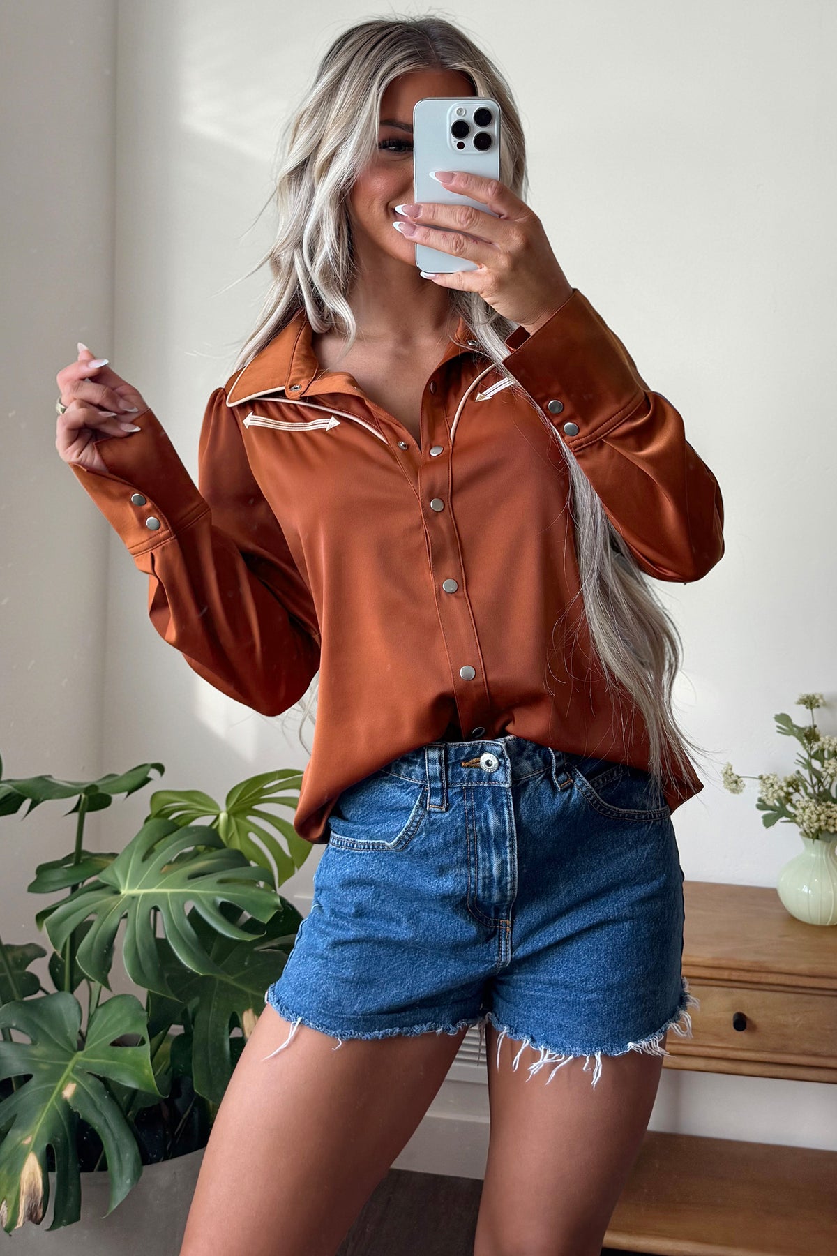 Cinnamon Silky Long Sleeve Button Front Western Fashion Shirt-Tops/Blouses & Shirts-[Adult]-[Female]-2022 Online Blue Zone Planet
