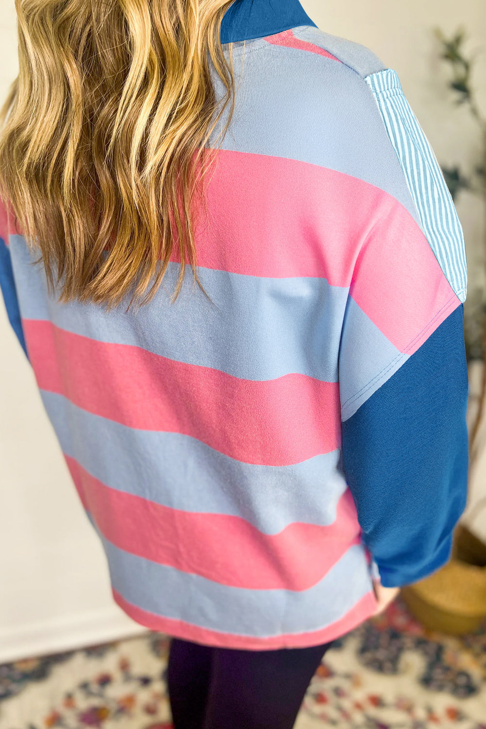 Blue Stripe Colorblock Patchwork Zip Up Plus Size Pullover-Plus Size/Plus Size Sweatshirts & Hoodies-[Adult]-[Female]-2022 Online Blue Zone Planet