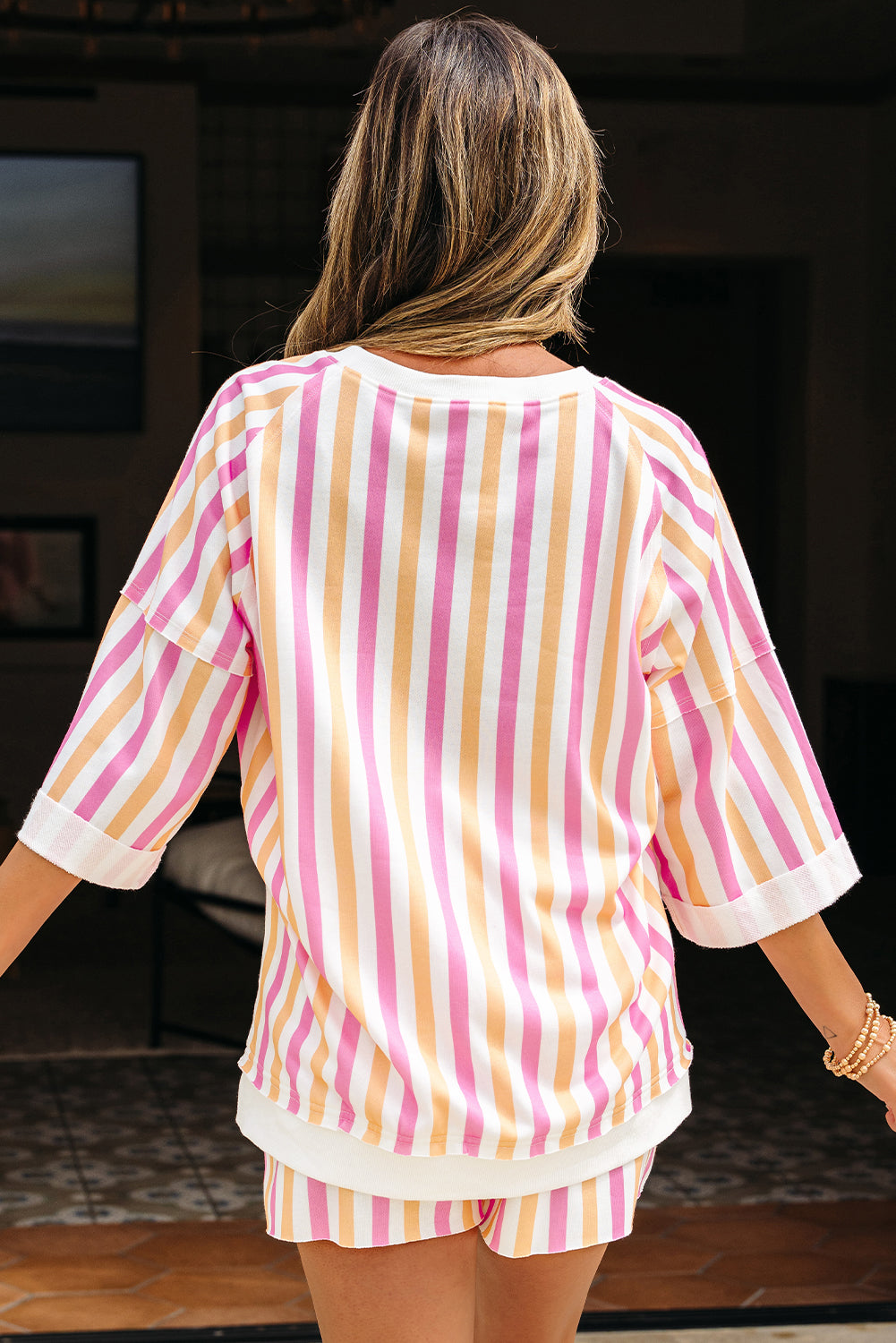 Pink Stripe Drop Shoulder Half Sleeve Loose Tee and Shorts Casual Set-Two Piece Sets/Short Sets-[Adult]-[Female]-2022 Online Blue Zone Planet