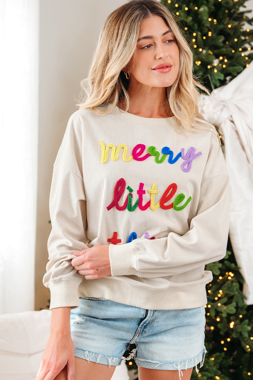 Beige Merry Little Thing Corded Letter Graphic Ribbed Loose Sweatshirt-Tops/Sweatshirts & Hoodies-[Adult]-[Female]-2022 Online Blue Zone Planet