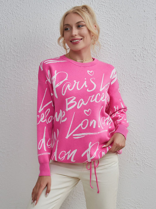 Drawstring Hem Letter Pattern Round Neck Dropped Shoulder Sweater-TOPS / DRESSES-[Adult]-[Female]-Fuchsia Pink-One Size-2022 Online Blue Zone Planet