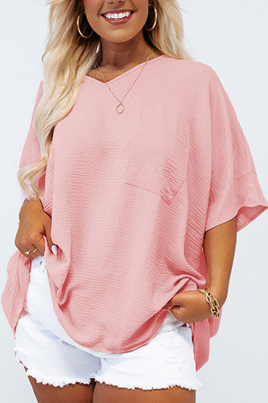 Pink Textured Half Sleeve V Neck Plus Size T Shirt with Chest Pocket-Plus Size/Plus Size Tops/Plus Size Tops & Tees-[Adult]-[Female]-Pink-1X-2022 Online Blue Zone Planet