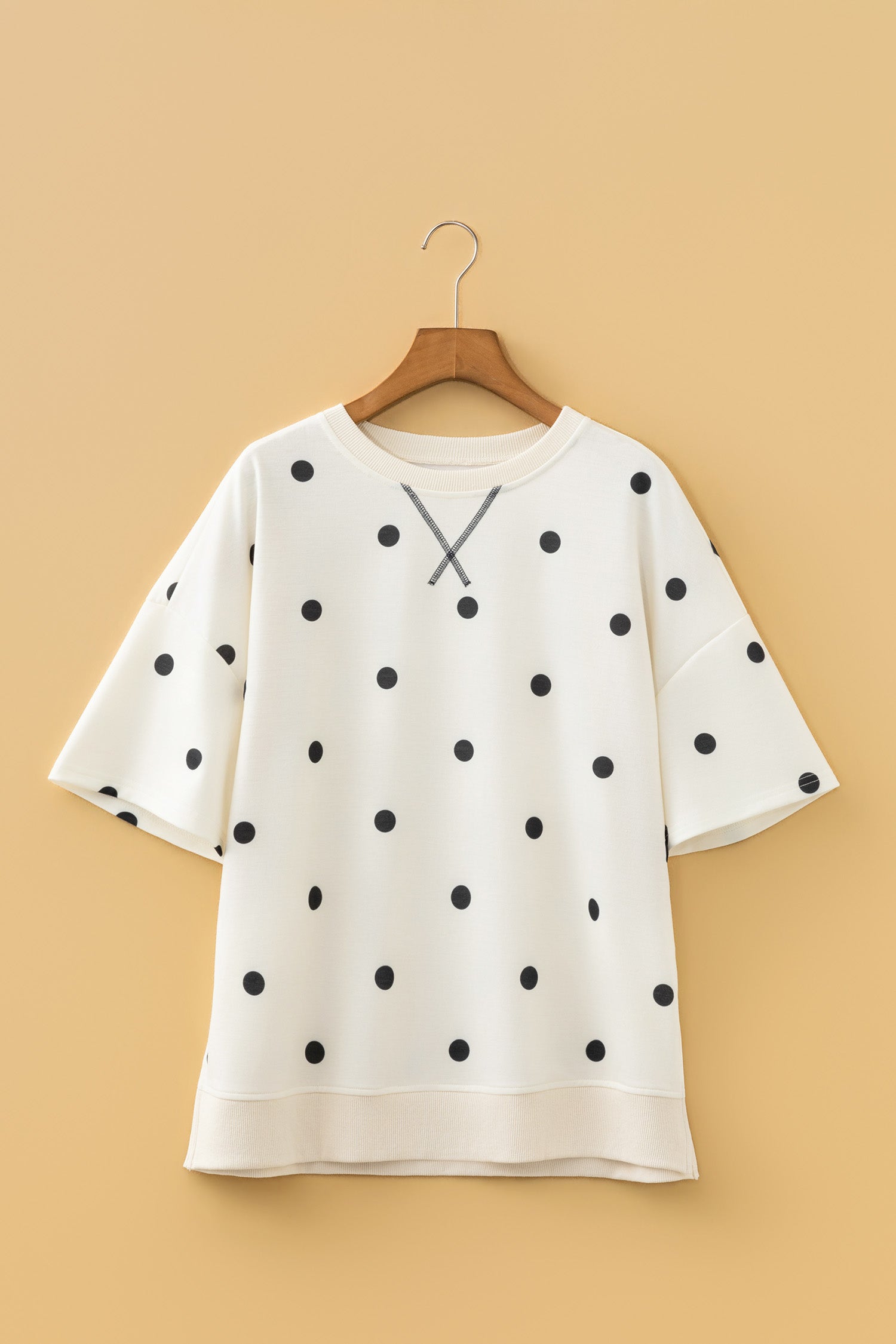 Beige Polka Dot Print Crossed Seam Detail Oversize Tee-Tops/Tops & Tees-[Adult]-[Female]-2022 Online Blue Zone Planet