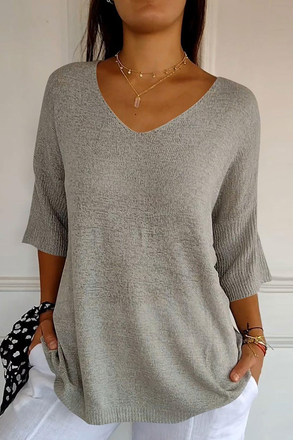 V-Neck Three-Quarter Sleeve Knit Top-TOPS / DRESSES-[Adult]-[Female]-Gray-One Size-2022 Online Blue Zone Planet