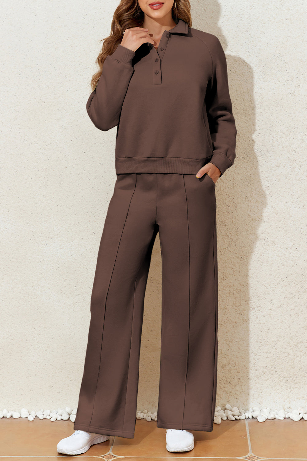 Dark Brown Solid Collared Sweatshirt and High Waist Pants Active Set-Activewear/Activewear Sets-[Adult]-[Female]-Dark Brown-S-2022 Online Blue Zone Planet