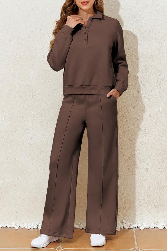 Dark Brown Solid Collared Sweatshirt and High Waist Pants Active Set-Activewear/Activewear Sets-[Adult]-[Female]-Dark Brown-S-2022 Online Blue Zone Planet