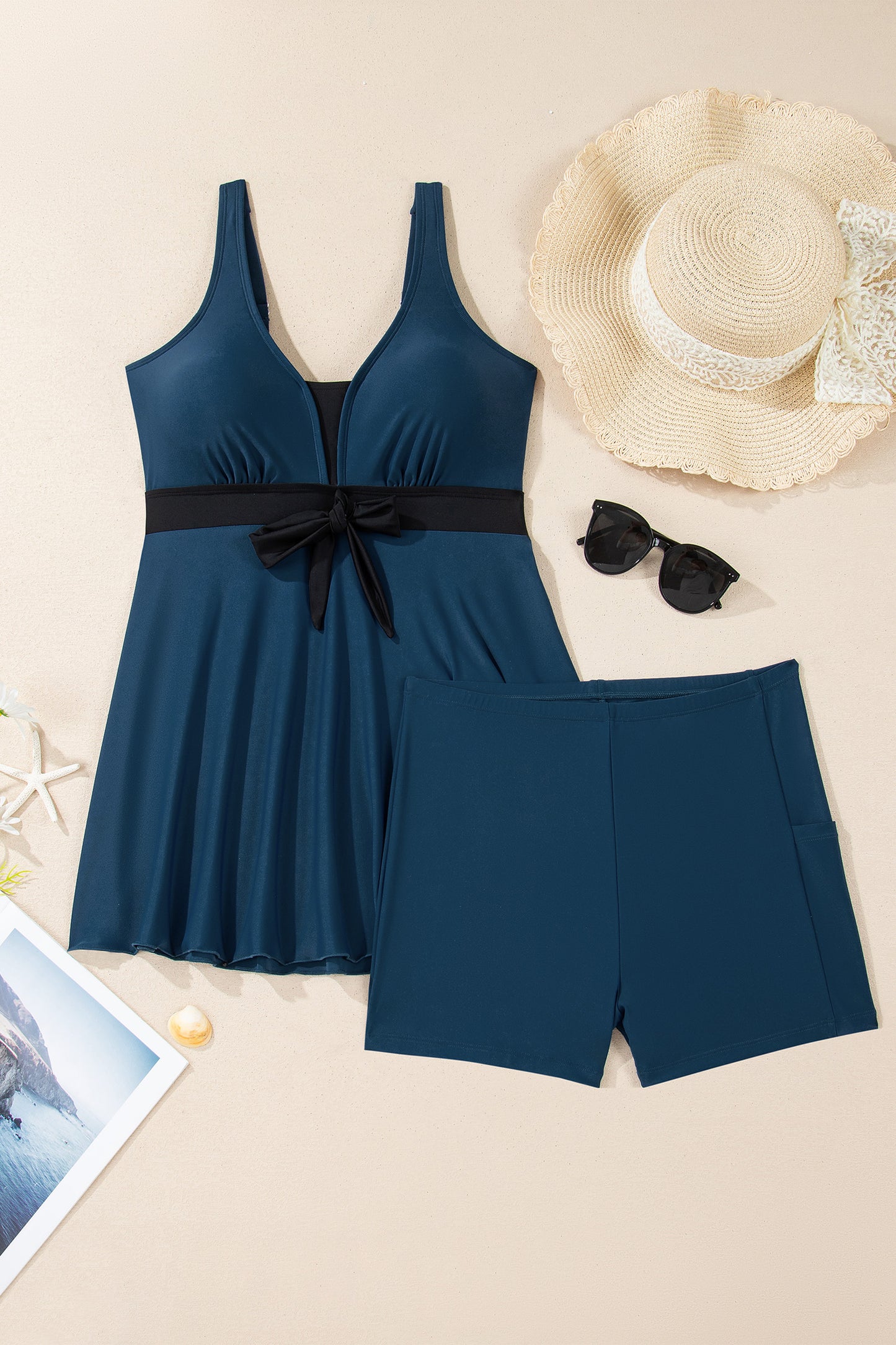 Sail Blue Color Block Patchwork Bow Knot Detail Sleeveless Swim Dress-TOPS / DRESSES-[Adult]-[Female]-2022 Online Blue Zone Planet