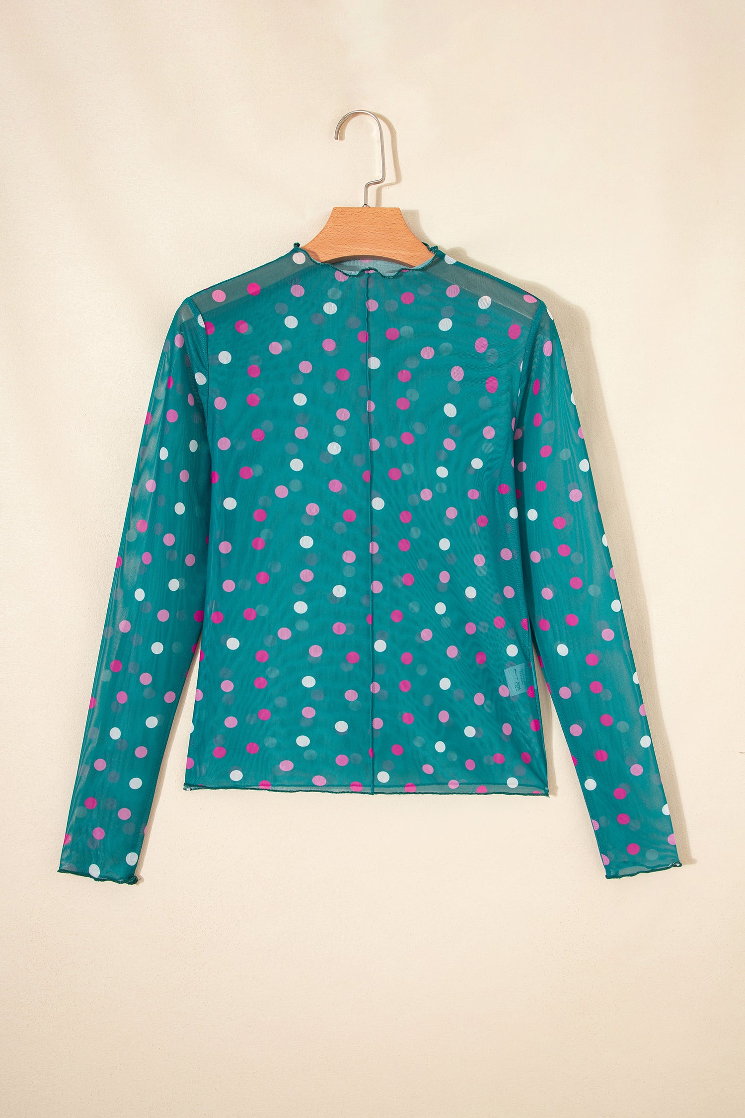 Red Polka Dot Patterned Bodycon Mock Neck Mesh Long Sleeve Top-Tops/Long Sleeve Tops-[Adult]-[Female]-2022 Online Blue Zone Planet