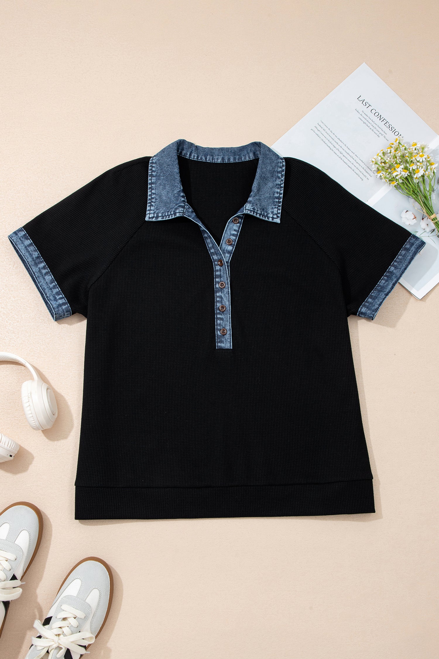 Black Plus Size Textured Contrast Denim Patchwork Button Polo Tee-Plus Size/Plus Size Tops-[Adult]-[Female]-2022 Online Blue Zone Planet