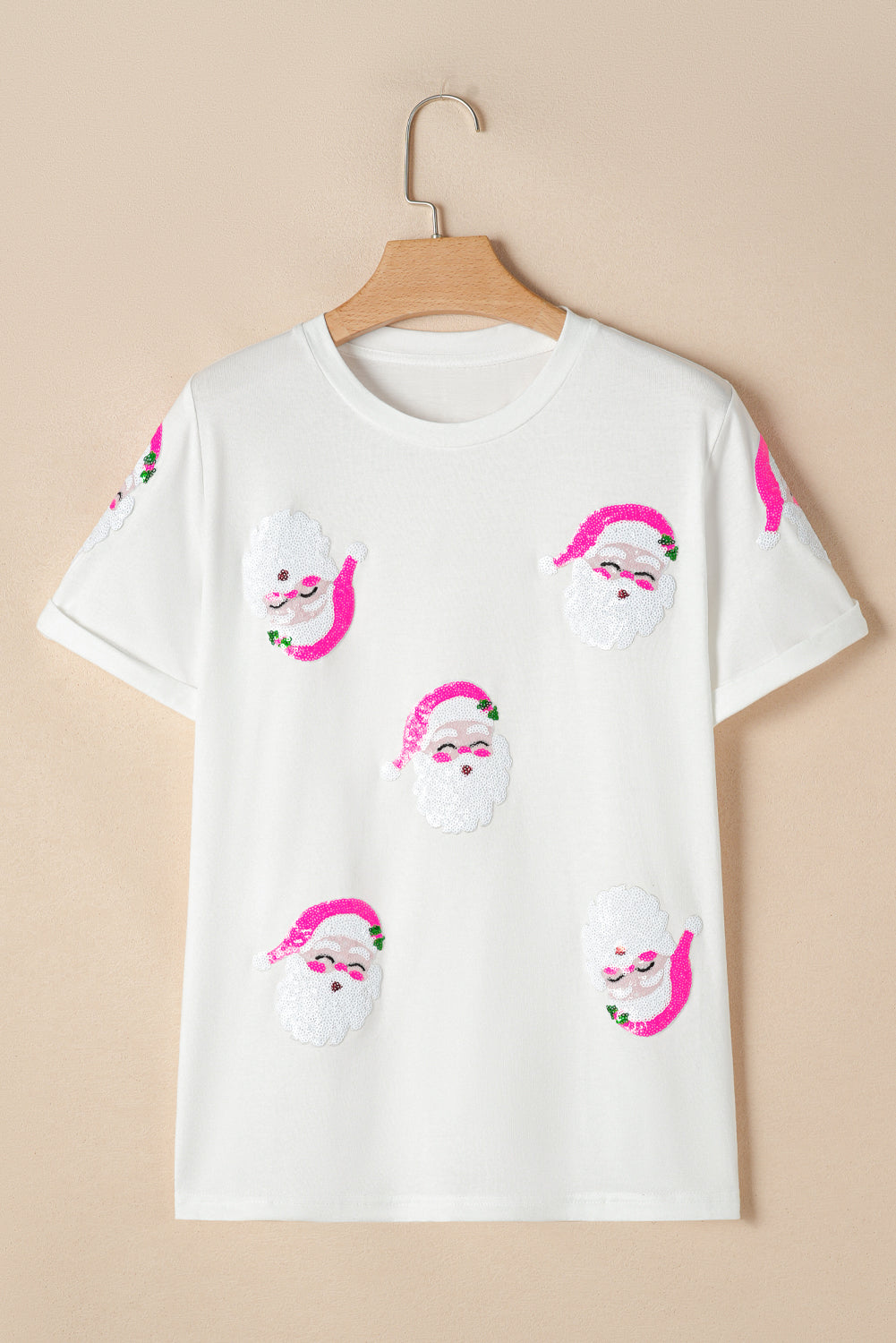 Blue Zone Planet | White Sequin Santa Clause Pattern Funny Christmas T Shirt-Graphic/Graphic Tees-[Adult]-[Female]-2022 Online Blue Zone Planet