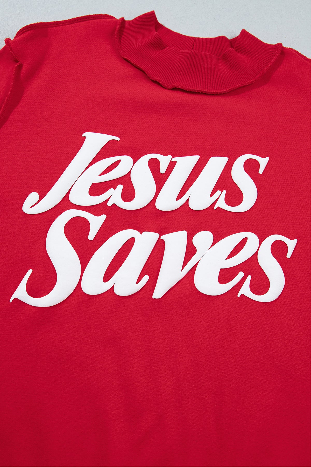 Fiery Red Jesus Saves Slogan Print Stand Neck Baggy Sweatshirt-Tops/Sweatshirts & Hoodies-[Adult]-[Female]-2022 Online Blue Zone Planet