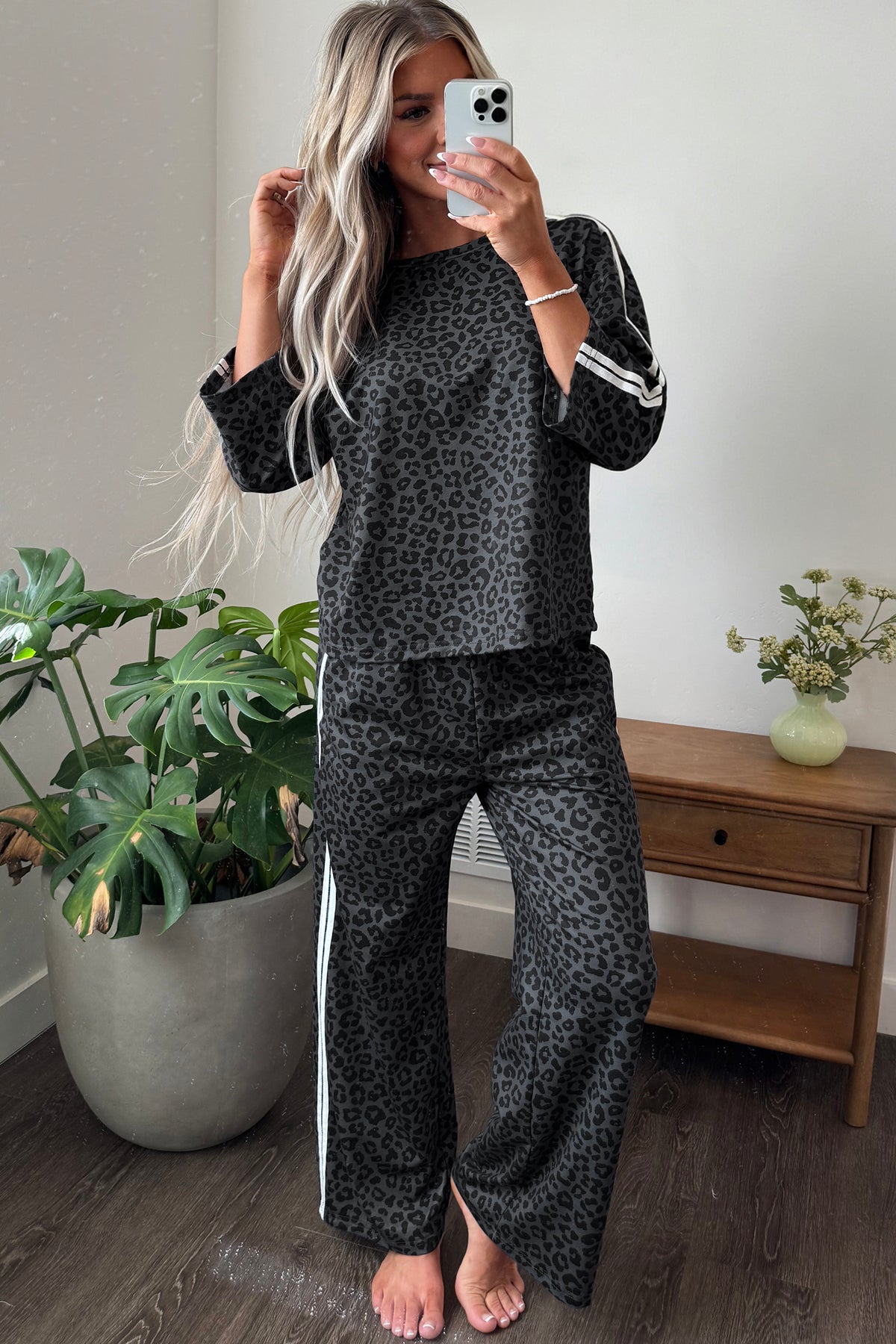 Pink Leopard Print Varsity Striped Detail 3/4 Sleeve Top Shift Pant Set-Two Piece Sets/Pant Sets-[Adult]-[Female]-2022 Online Blue Zone Planet