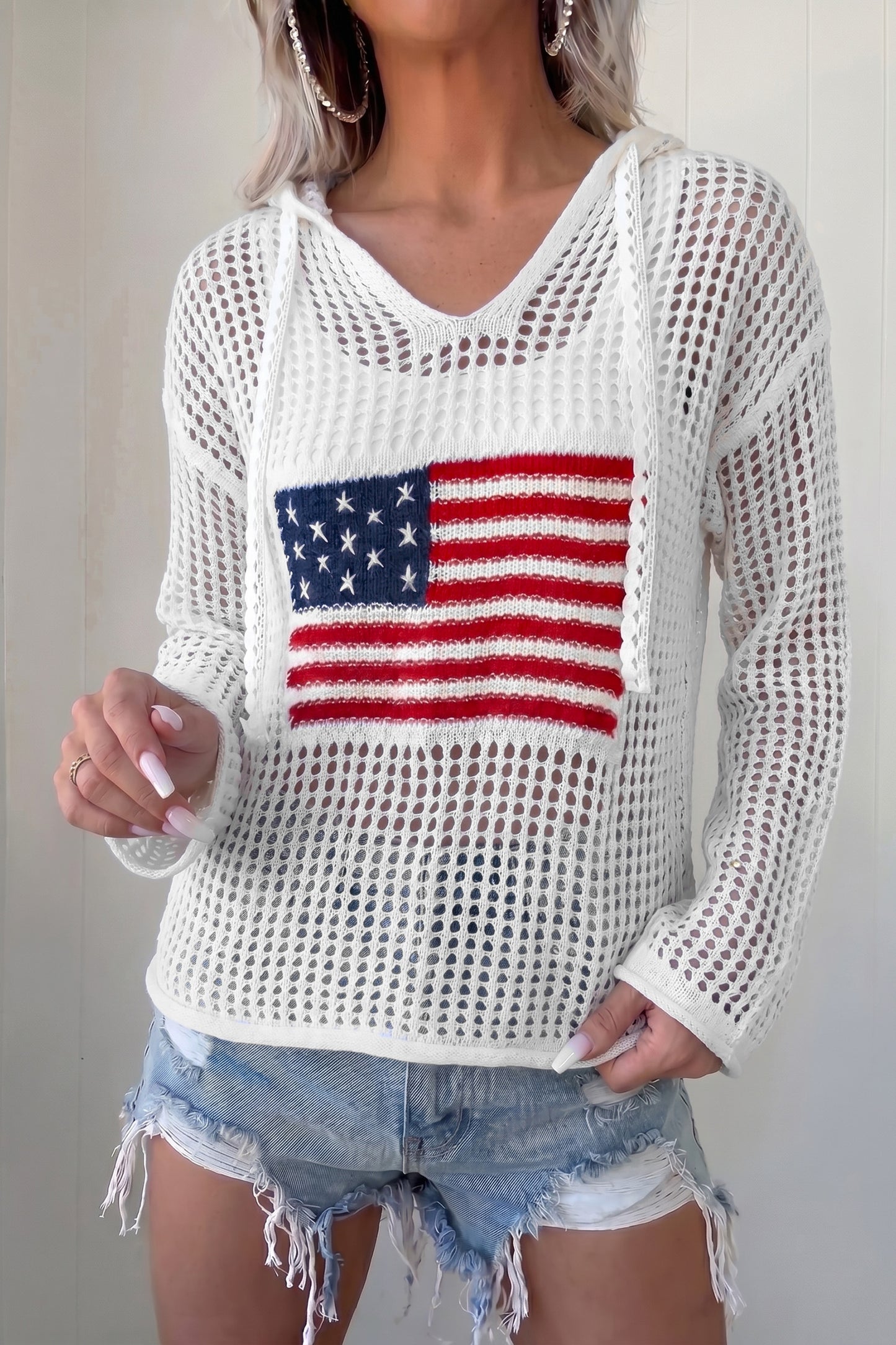 White Hollow Out Crochet Knit American Flag Patched Sweater Hoodie-Tops / Dresses-[Adult]-[Female]-2022 Online Blue Zone Planet