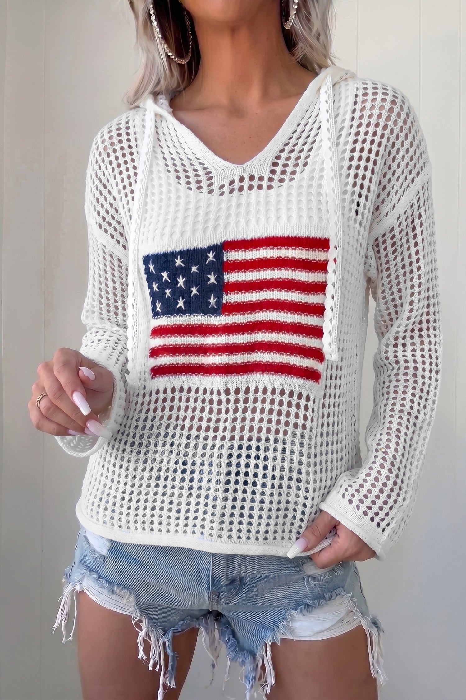 White Hollow Out Crochet Knit American Flag Patched Sweater Hoodie-Tops / Dresses-[Adult]-[Female]-2022 Online Blue Zone Planet