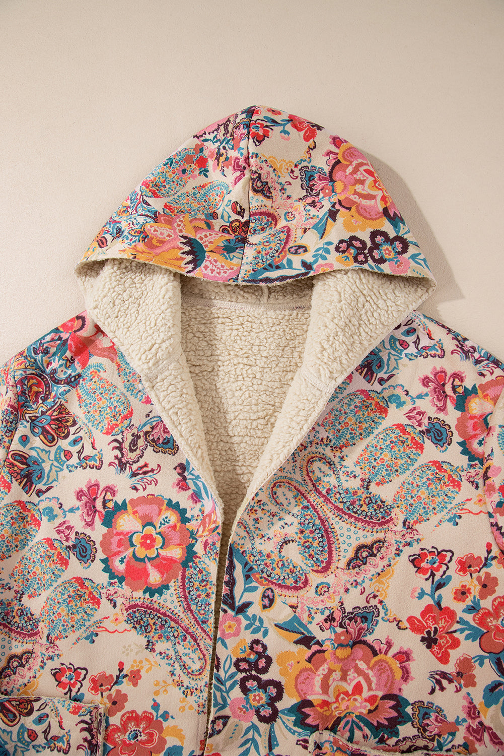 Blue Zone Planet | Beige Vintage Paisley Floral Printed Sherpa Lined Hooded Jacket-Jackets-[Adult]-[Female]-2022 Online Blue Zone Planet