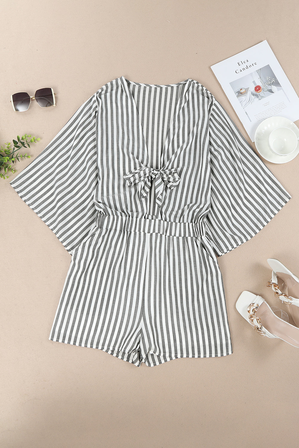 Tied Striped Three-Quarter Sleeve Romper-TOPS / DRESSES-[Adult]-[Female]-Dark Gray-S-2022 Online Blue Zone Planet