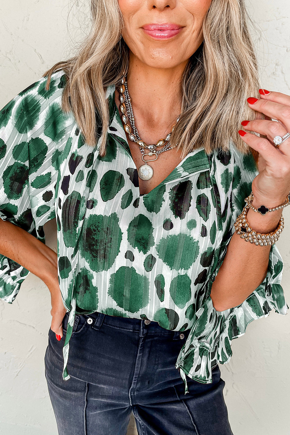 Green Metallic Threading Accents Pleated Abstract Printed Ruffled 3/4 Sleeve Blouse-Tops/Blouses & Shirts-[Adult]-[Female]-Green-S-2022 Online Blue Zone Planet