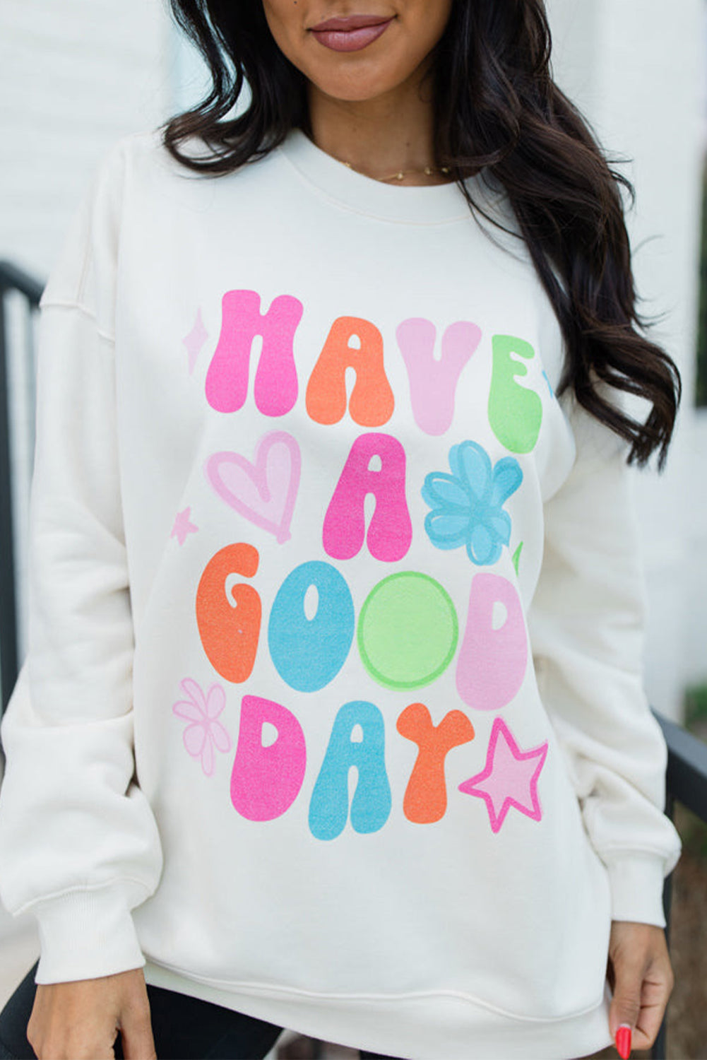 Beige HAVE A GOOD DAY Drop Shoulder Graphic Sweatshirt-Graphic/Graphic Sweatshirts-[Adult]-[Female]-Beige-S-2022 Online Blue Zone Planet