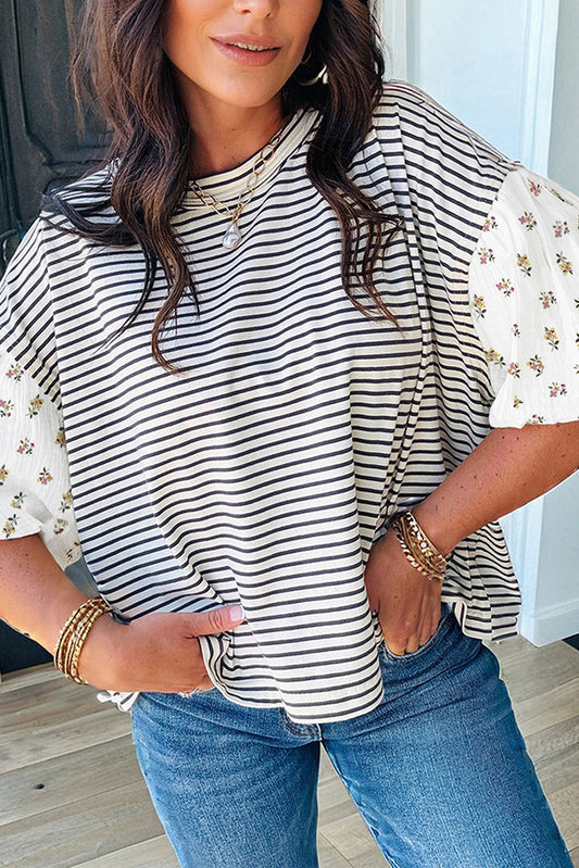Black Stripe Floral Puff Sleeve Patchwork Round Neck Loose Top-Tops/Blouses & Shirts-[Adult]-[Female]-Black Stripe-S-2022 Online Blue Zone Planet