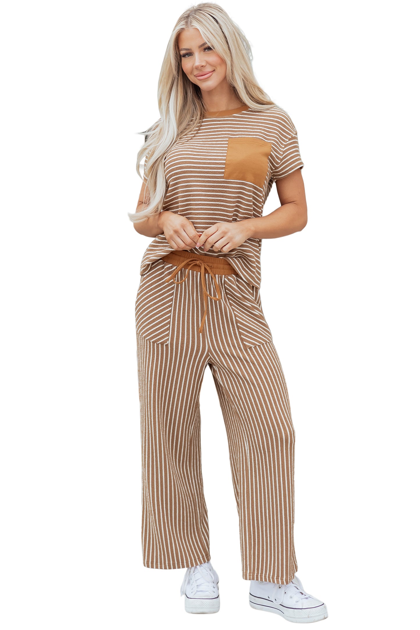 Khaki Stripe Crew Neck Tee Drawstring Waist Cropped Pants Set-Two Piece Sets/Pant Sets-[Adult]-[Female]-2022 Online Blue Zone Planet