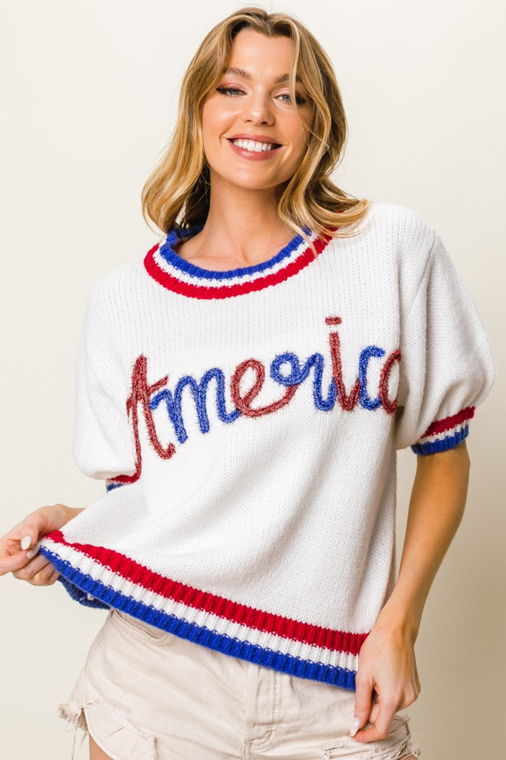 BiBi Metallic America Letter Short Sleeve Sweater-TOPS / DRESSES-[Adult]-[Female]-2022 Online Blue Zone Planet