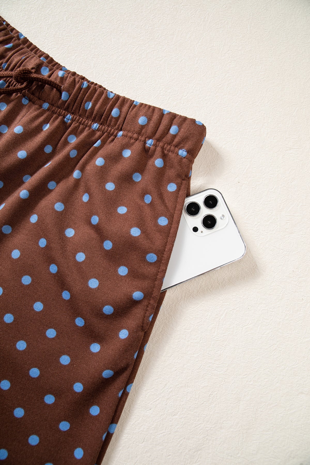 Brown Polka Dot Drawstring Wide Leg Long Sleeve Top Pant Set-Two Piece Sets/Pant Sets-[Adult]-[Female]-2022 Online Blue Zone Planet