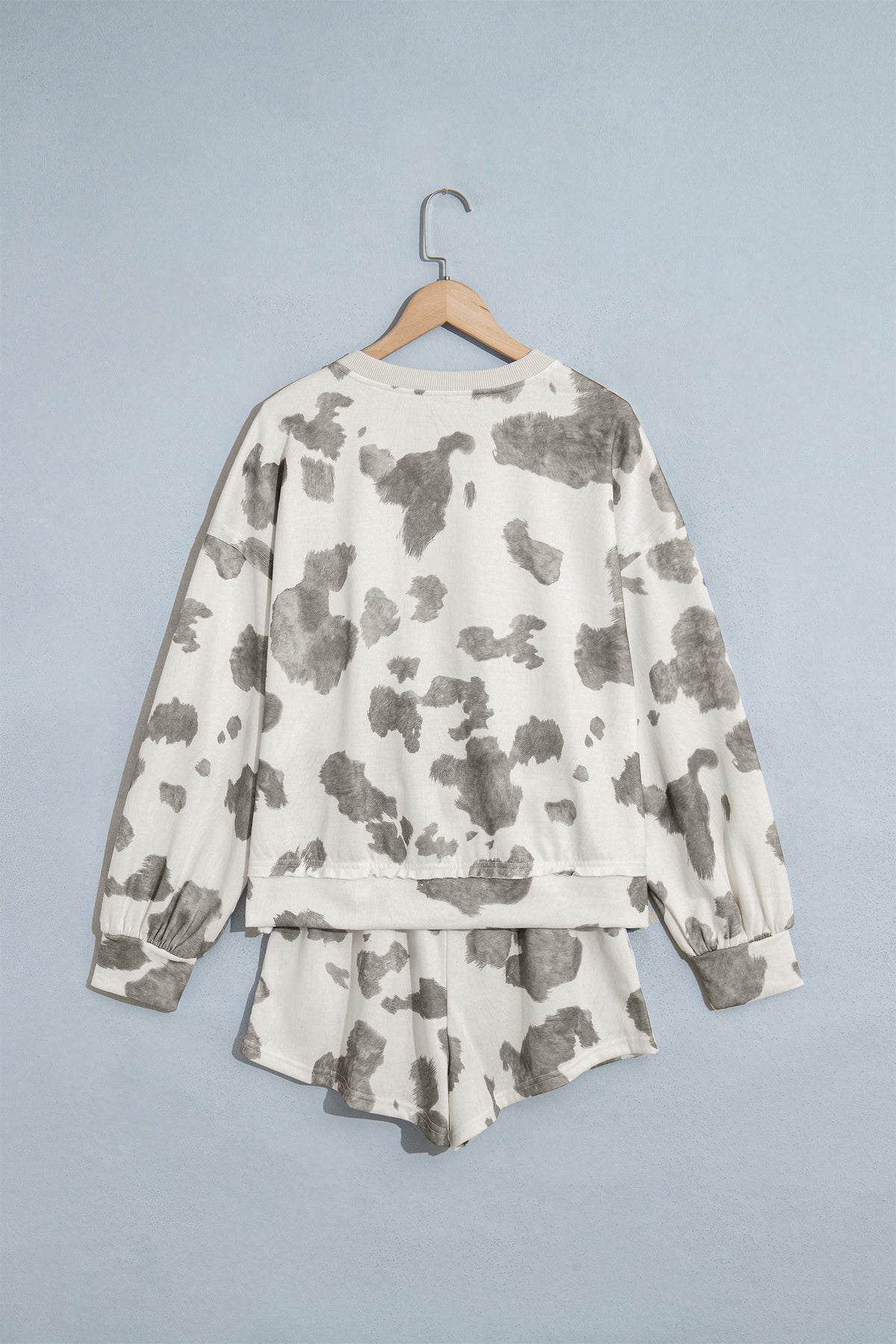 Gray Western Print Raw Hem Long Sleeve Top Drawstring Shorts Set-Two Piece Sets/Short Sets-[Adult]-[Female]-2022 Online Blue Zone Planet