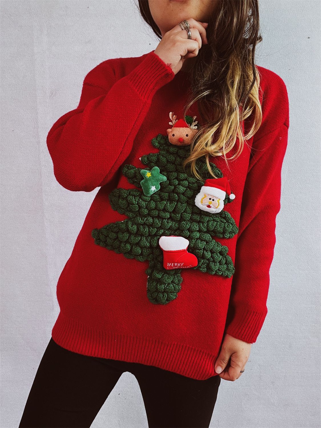 Christmas Tree Round Neck Long Sleeve Sweater-TOPS / DRESSES-[Adult]-[Female]-2022 Online Blue Zone Planet