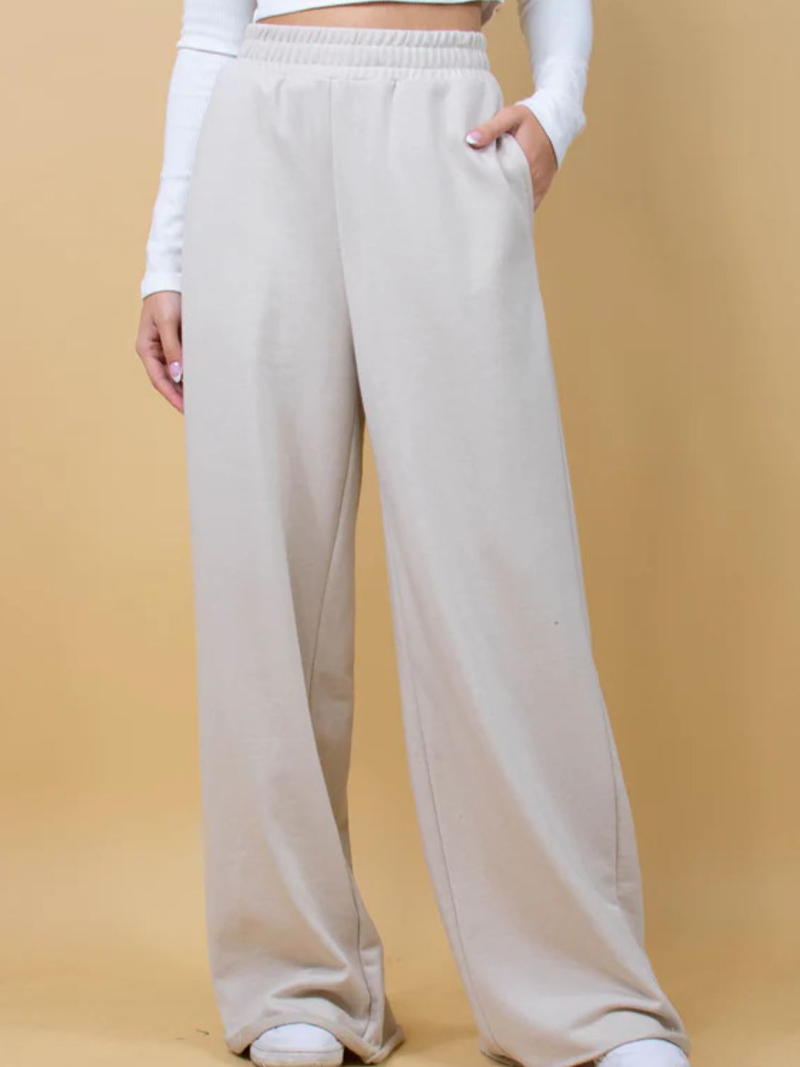 Blue Zone Planet | Elastic Waist Wide Leg Pants-BOTTOMS SIZES SMALL MEDIUM LARGE-[Adult]-[Female]-Beige-S-2022 Online Blue Zone Planet