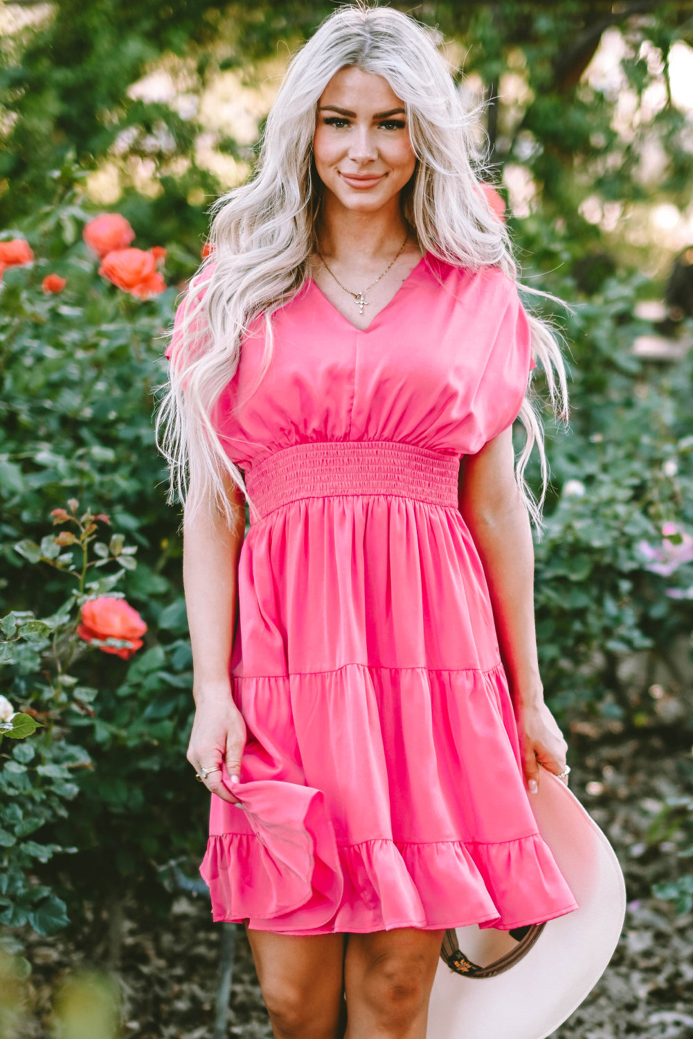 Strawberry Pink Ruched Sleeve V Neck Smock Waist Tiered Ruffled Dress Blue Zone Planet