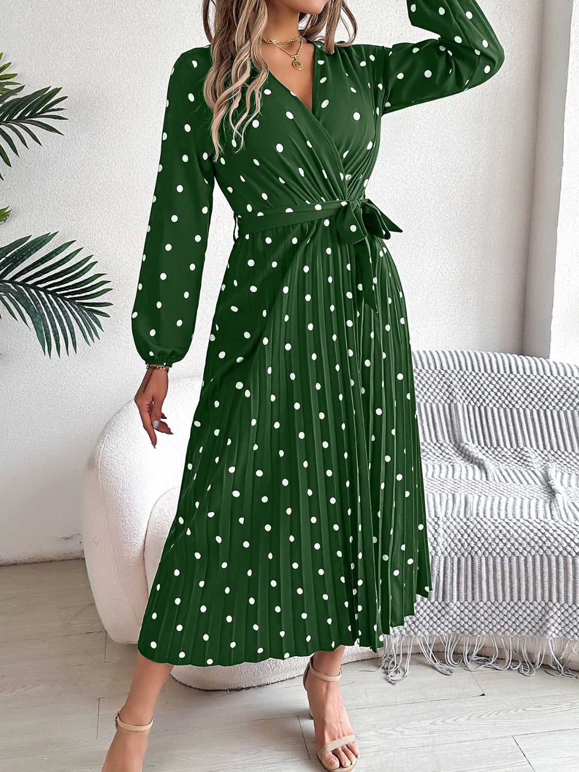 Blue Zone Planet | Tied Polka Dot Long Sleeve Midi Dress-TOPS / DRESSES-[Adult]-[Female]-Dark Green-S-2022 Online Blue Zone Planet