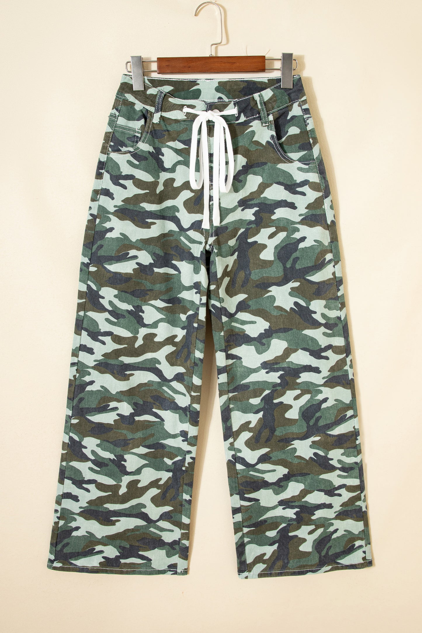 Green Camouflage Print Wide Leg Drawstring Denim Pants-Bottoms/Jeans-[Adult]-[Female]-2022 Online Blue Zone Planet