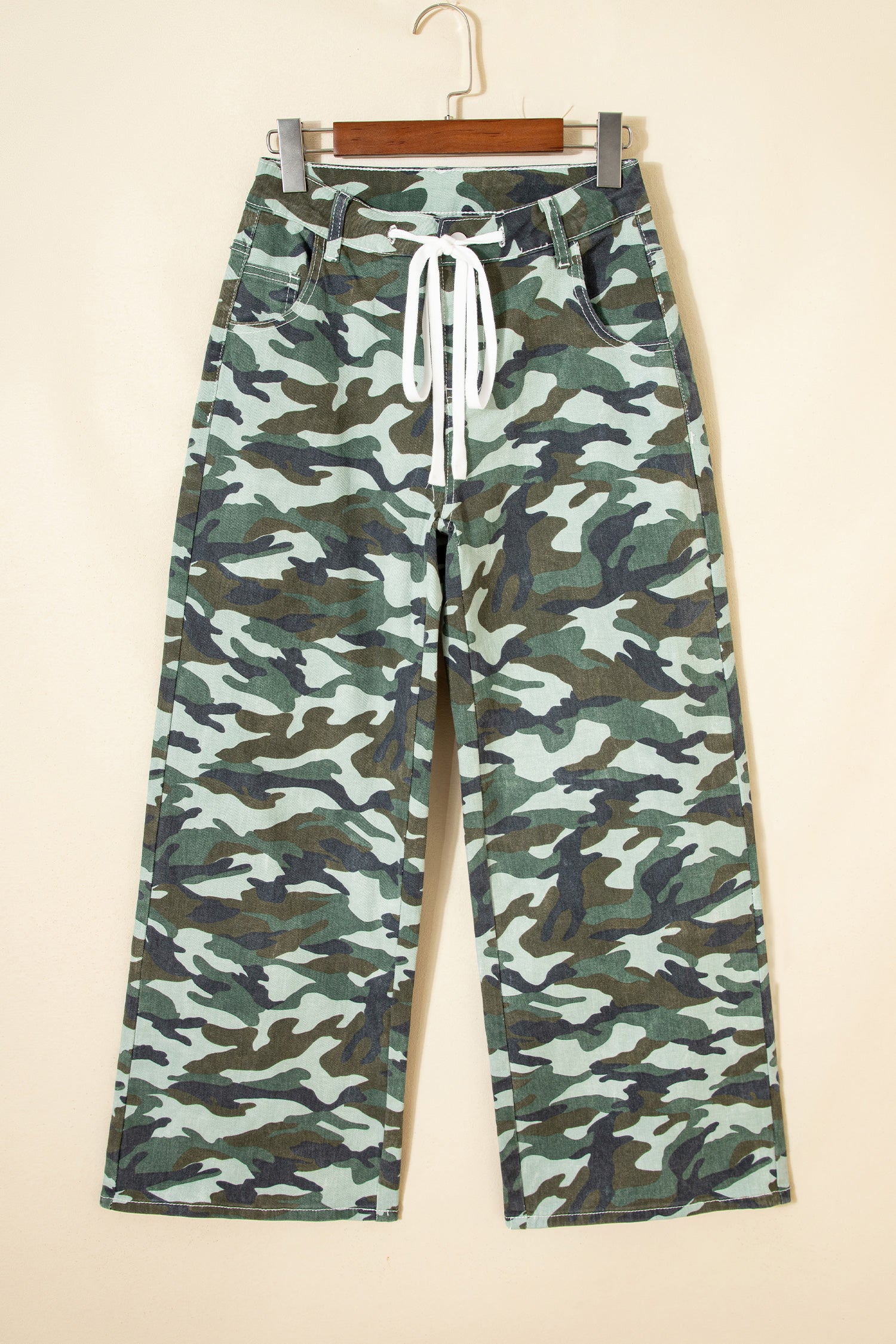 Green Camouflage Print Wide Leg Drawstring Denim Pants-Bottoms/Jeans-[Adult]-[Female]-2022 Online Blue Zone Planet