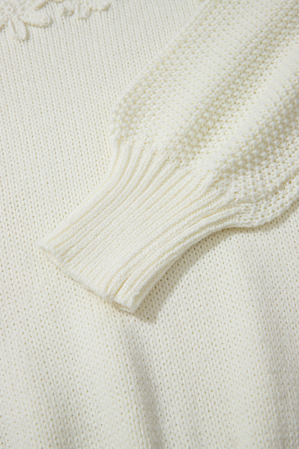 White Flower Detail Round Neck Contrast Textured Puff Sleeve Sweater-TOPS / DRESSES-[Adult]-[Female]-2022 Online Blue Zone Planet