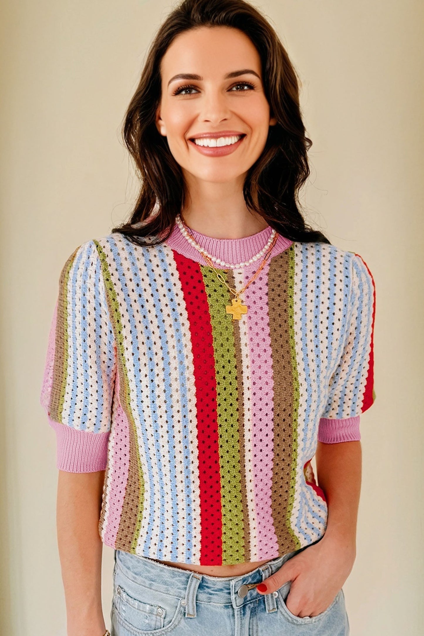 Multicolour Striped Pointelle Knit Short Sleeve Sweater-TOPS / DRESSES-[Adult]-[Female]-2022 Online Blue Zone Planet