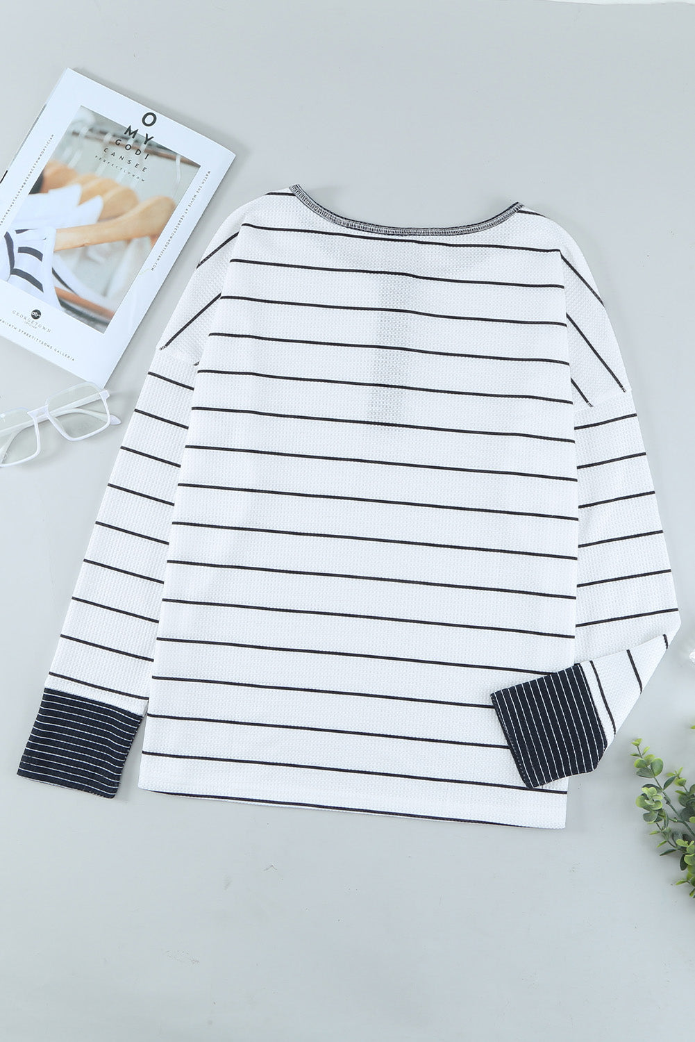 White Striped Buttoned Henley Waffle Knit Top-Tops/Blouses & Shirts-[Adult]-[Female]-2022 Online Blue Zone Planet