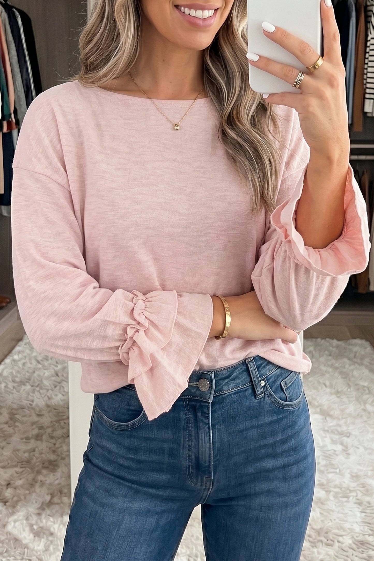Gossamer Pink Ruffle Sleeve Long Sleeve Loose Pullover Top-Tops/Long Sleeve Tops-[Adult]-[Female]-Gossamer Pink-S-2022 Online Blue Zone Planet