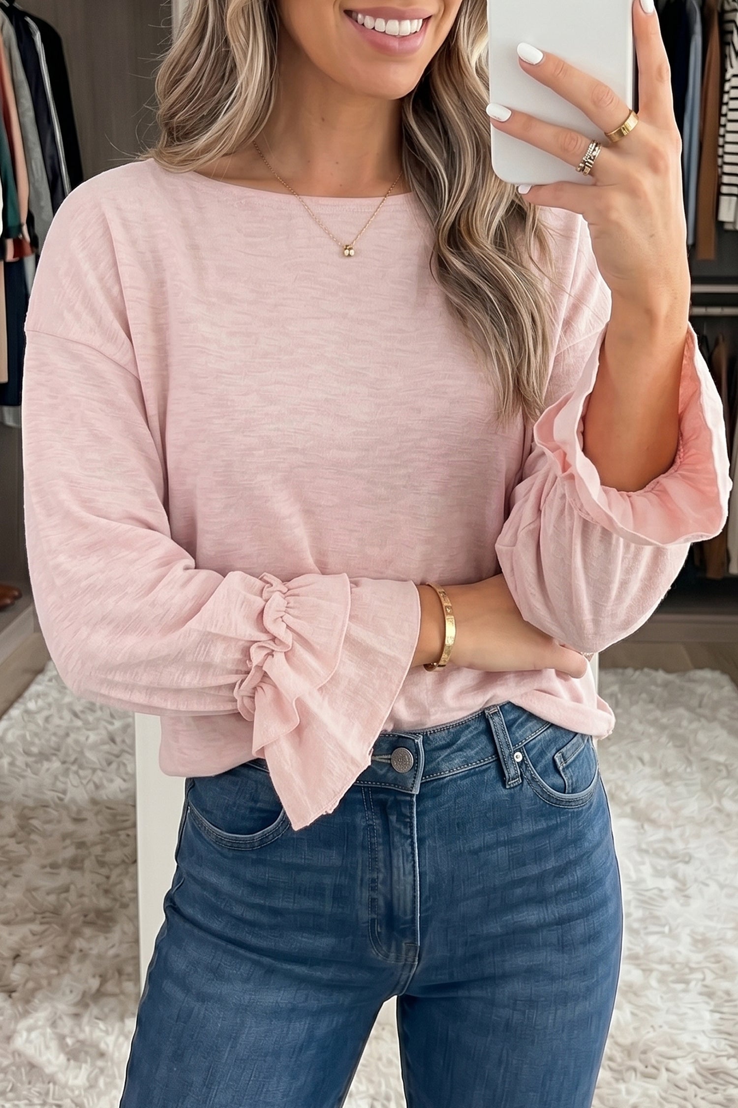 Gossamer Pink Ruffle Sleeve Long Sleeve Loose Pullover Top-Tops/Long Sleeve Tops-[Adult]-[Female]-Gossamer Pink-S-2022 Online Blue Zone Planet