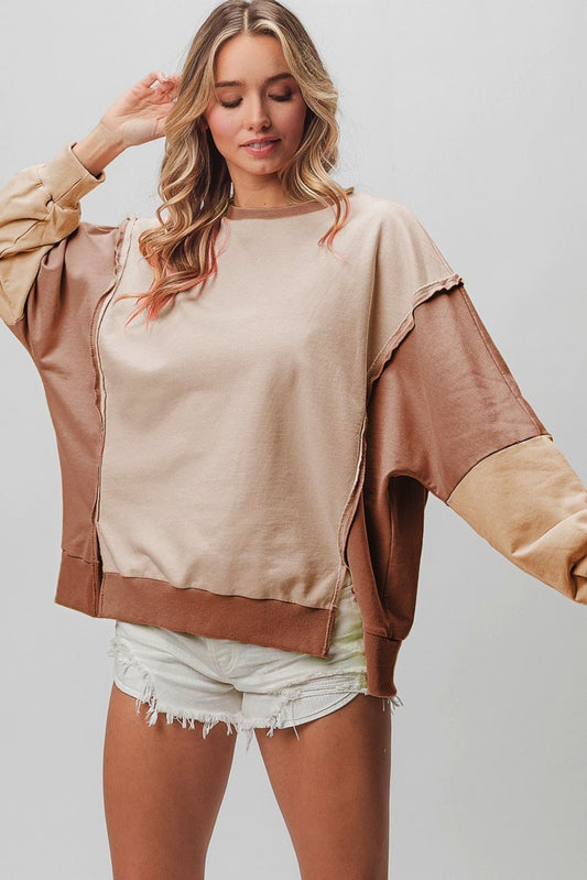 BiBi Washed Color Block Sweatshirt-TOPS / DRESSES-[Adult]-[Female]-Taupe/Mocha/Oatmeal-S-2022 Online Blue Zone Planet