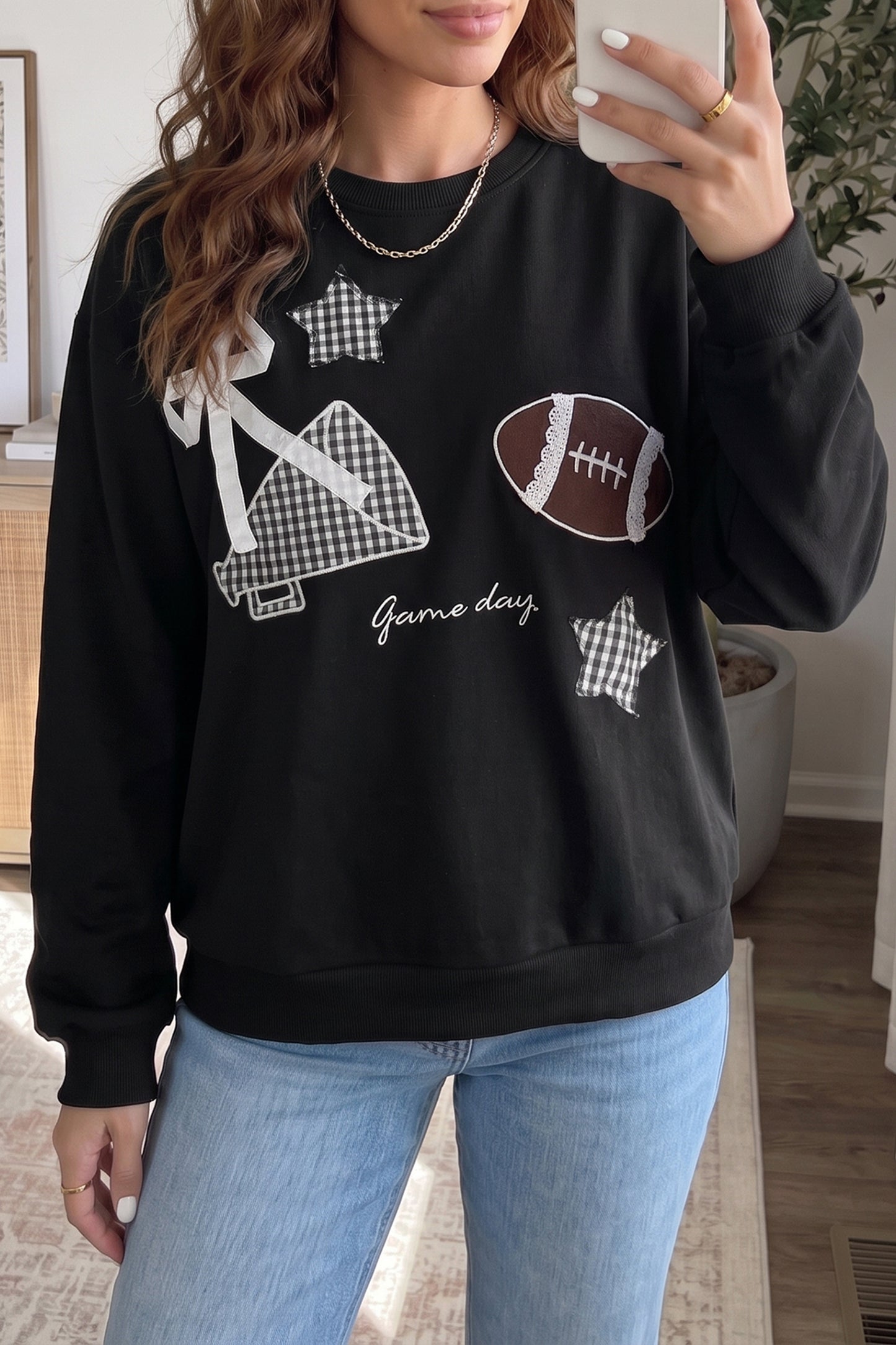 Racing Red Gingham Patch Embroidered Rugby Game Day Stars Sweatshirt