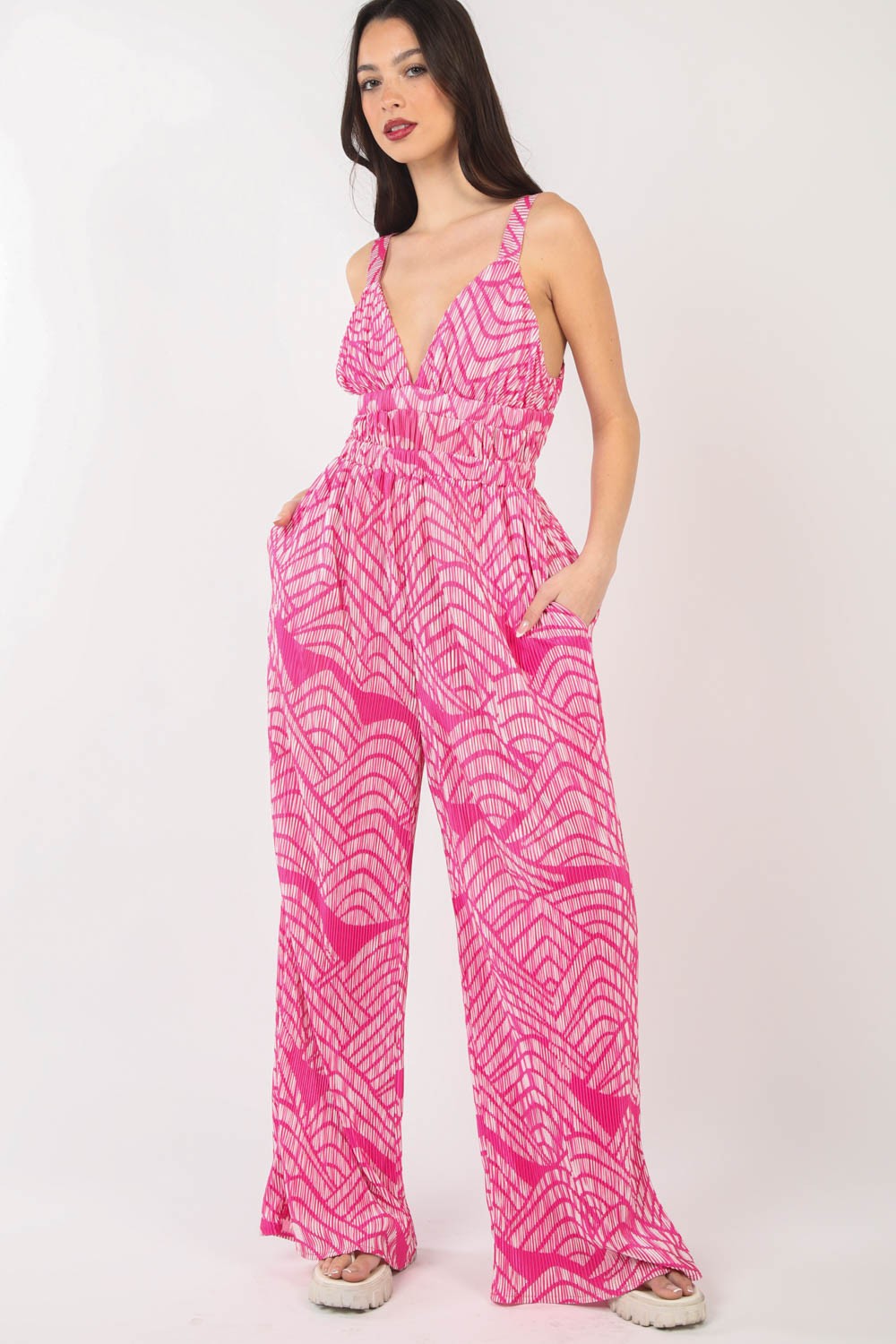 Blue Zone Planet | VERY J Printed Pleated Sleeveless Wide Leg Jumpsuit-TOPS / DRESSES-[Adult]-[Female]-2022 Online Blue Zone Planet